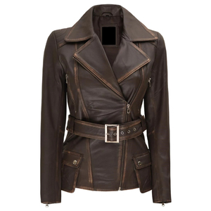 ELEGANT CORPORATION Women's Polyester Shell Leather Jacket Full Sleeve Zipper Closure Turn-<b>down</b> Collar Belted Design Breathable - Product Image 1