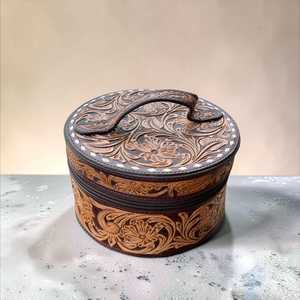 Vintage Genuine Leather Hand Tooling Eco-Friendly Fashion Jewelry Case with Zipper Closure for Storage Travel Durable Round Box - Product Image 1