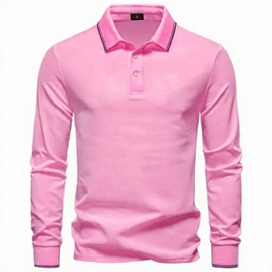 Custom Long Sleeve <b>Polo</b> Shirt <b>Men</b> Cotton Pique Slim Fit Collar Tipping Striped Buttons Casual <b>Polo</b> Shirt - Product Image 1