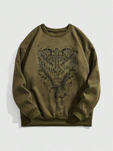 Olive Green Rhinestone Cross Wing Sweatshirt Oversized Pullover <b>Gothic</b> Streetwear Angel Graphic Crewneck Cotton Blend Top - Product Image 1