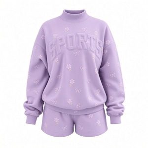 Ensemble sweat-shirt et short imprimé pour femmes, haut décontracté à manches longues et col montant, short assorti à taille élastique, tenue décontractée en deux pièces - Product Image 2