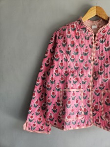 Pink Floral Quilted <b>Jacket</b> <b>Mandarin</b> <b>Collar</b> Full Sleeve Cotton Hand Embroidered Autumn Wear GIFT FOR HER - Product Image 2