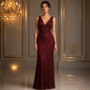 Luxury Burgundy Wine <b>Red</b> <b>Sequin</b> Mermaid Evening Gown | Deep V Neck Sleeveless Floor Length Formal Party Cocktail Wedding Maxi - Product Image 3