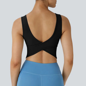 Ensemble de sport deux pièces DS-8757 : Haut de yoga corset respirant à imprimé uni et manches courtes, avec effet froncé aux fesses, en Spandex/Nylon - Product Image 3
