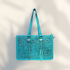 Nuevo Diseño 2026, Bolso Tote de Cuero Genuino Azul, Estilo Occidental con Cierre, Bolsillo para Pistola, Forro de Lona Premium, Venta al Por Mayor para Mujer - Product Image 1