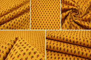 Tela de Algodón Ecológica Estampada a Mano en Amarillo Mostaza, Ligera, con Motivos Tradicionales Pequeños, para Moda - Product Image 1