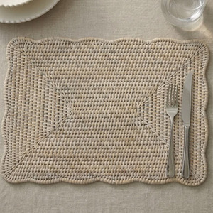 Whitewashed Scalloped Rectangular Charger <b>Plates</b> Boho Rattan Placemat OEM Accepted Placemat Wicker Charger <b>Plate</b> From Vietnam - Product Image 1