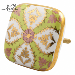 Handcrafted Square Ceramic Cabinet <b>Knob</b> White Green and <b>Pink</b> Floral Design Gold Rim <b>Drawer</b> Pull Wardrobe Door Handle - Product Image 1