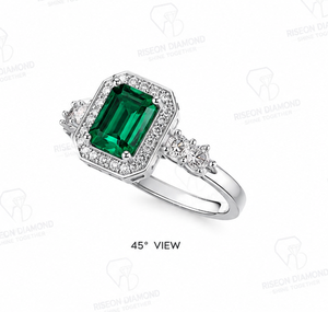 Elegant halo <b>ring</b> in 18K white gold with emerald cut green diamond micro pave halo and side diamonds luxury bridal couture desig - Product Image 2