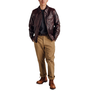 Veste moto en cuir véritable pour homme, marron foncé, fermeture éclair, col rabattu, coupe classique, pour l'automne - Product Image 2
