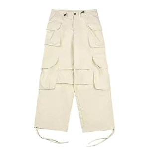 Pantalones Cargo Acampanados de Lona Beige, Cintura Media, Cierre de Cremallera, Lavado Primaveral, Suaves, Ajuste Holgado, Multibolsillos, Transpirables, Estilo Casual, Pierna Ancha - Product Image 1