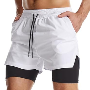 Shorts de course blancs pour hommes avec doublure de compression noire, séchage rapide, cordon de serrage sportif à la taille, shorts de fitness pour la salle de sport et l'entraînement - Product Image 1