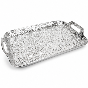 Juego de bandejas de servicio de aluminio plateado de lujo, hechas a mano, con elegantes asas con diseño de flor de lis, bandeja decorativa rectangular de primera calidad - Product Image 6
