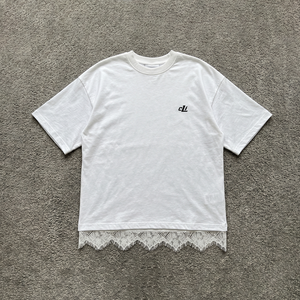 T-shirt ample en coton pour femme, coupe oversize, épaules tombantes, manches courtes, avec surpiqûres en dentelle, style mode toutes saisons, personnalisable, ton sur ton - Product Image 3