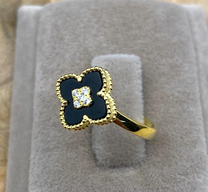 Top Quality Black Onyx Four Leaf Clover 14mm 925 Silver 18K <b>Gold</b> Plated CZ Diamond Center <b>Cocktail</b> Handmade <b>Ring</b> For Women Gift - Product Image 6