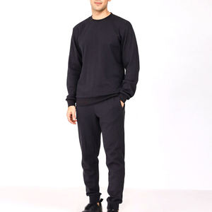 Conjunto Deportivo de Sudadera con Cuello Redondo para Hombre, Color Negro Sólido, Manga Larga, Corte Regular Informal, Algodón de Peso Medio, Ropa de Otoño con Bolsillos Laterales - Product Image 1