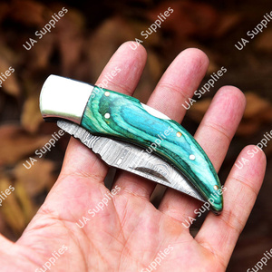 Cuchillo de bolsillo plegable de acero de Damasco hecho a mano, mango de madera Pakka, hoja de punta caída, cuchillo de supervivencia, ODM OEM, personalizable, con funda de cuero - Product Image 5