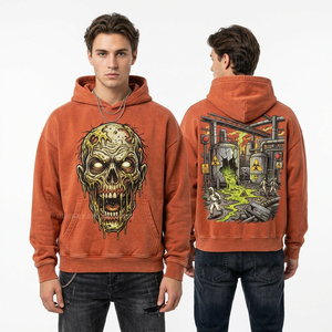 เสื้อฮู้ดกราฟิกซอมบี้กัมมันต์รังสีสีส้มไหม้สำหรับผู้ชาย พิมพ์ลาย Industrial Disaster สไตล์สตรีทแวร์ เสื้อสเวตเชิ้ตหนาน้ำหนักมาก - Product Image 1