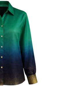 Chemise à manches longues boutonnée dégradé vert émeraude et bleu marine pour femme, chemisier décontracté de bureau, vêtement personnalisé OEM du fabricant - Product Image 4