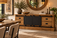 Buffet en bois industriel avec portes coulissantes en métal et 4 tiroirs, armoire de rangement