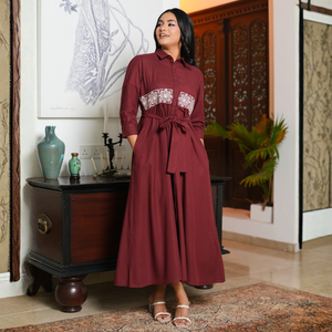 Casual Women's Maroon A-Line Cotton <b>Viscose</b> Maxi <b>Dress</b> - Product Image 1