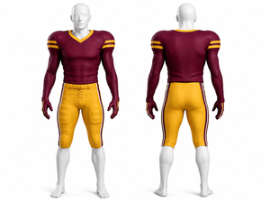 Custom Men's American Football Uniform Maroon Jersey With Gold Stripes Yellow Pants Fitted Moisture Wicking All Seasons Apparel - Product Image 1