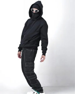 Men <b>Crew</b> <b>Neck</b> Fleece <b>Sweatshirt</b> Solid <b>Black</b> Windproof Mask Design Pocket Regular Fit Autumn Casual Knitted 100% Cotton 400g - Product Image 3