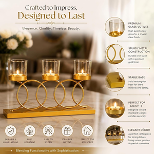 Gold Metal Ring 3 Cup <b>Glass</b> Votive Candle <b>Holder</b> Elegant Table Centerpiece Decorative Tea Light <b>Stand</b> for Home Wedding Event - Product Image 4