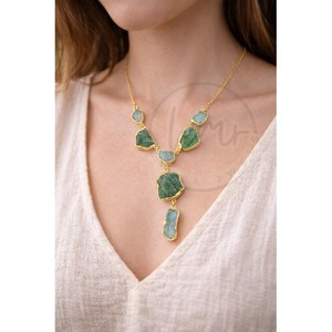 Hermoso Collar de Cadena Vintage con Aventurina y Aguamarina en Bruto, Chapado en Oro sobre Latón, Joyería de Piedras Preciosas Naturales para Mujer - Product Image 1
