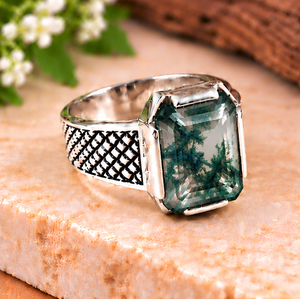 Bague en argent sterling 925 avec agate mousse, pierre précieuse verte taille émeraude, bijou de créateur - Product Image 6