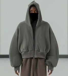 Sweat à capuche zippé personnalisé par le fabricant, 600g, coupe courte, grammage lourd, impression en relief, coton biologique, coupe carrée, fermeture éclair ornée de strass pour homme - Product Image 6