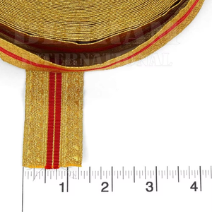 Ruban galon en jacquard métallique doré avec motif géométrique à rayures rouges pour uniformes, costumes et décorations de robes - Product Image 2