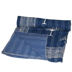 Blue Kantha Quilt Blanket-Handmade Reversible Embroidered 100% Cotton All-Season Hotel Use <b>Bedspread</b> - Product Image 5