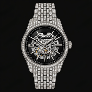 Silver Skeleton Dial Diamond <b>Watch</b> <b>Black</b> Face Open Gear Design Sparkling Luxury Timepiece Elegant Fashion Gift For Men - Product Image 1