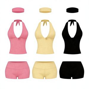 Custom Summer Clothes for Women Modal Cotton Crop Halter Lace up Top and Fold Over Gym Shorts <b>Sets</b> Two Piece <b>Set</b> Women Clothing - Product Image 2