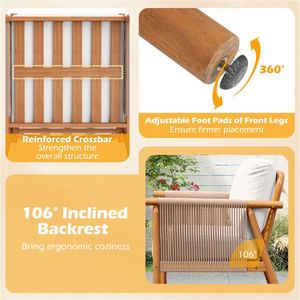 Silla Blanca de Madera de Acacia Estilo Boho con Reposabrazos de Cuerda Tejida, Silla Acolchada para Exteriores, para Porche o Balcón - Product Image 6