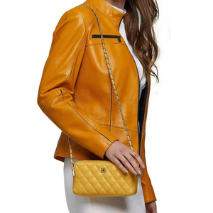 Women's Genuine Leather Moto <b>Jacket</b> Stand Collar Full Sleeve Zipper Closure Autumn Solid Color <b>Biker</b> <b>Jacket</b> Short Length - Product Image 5