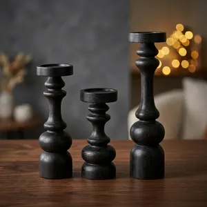 Modern <b>Black</b> Wood Pillar Candle Holder Set Handmade Decorative Turned <b>Candlestick</b> Holders for Living Room Dining Table HomeDecor - Product Image 3