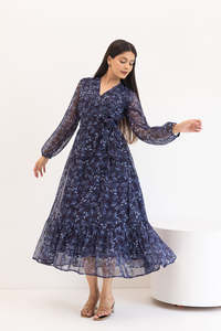 Robe midi en mousseline de soie à imprimé floral romantique, col en V, manches longues, coupe ample, taille naturelle, style décontracté printanier - Product Image 4