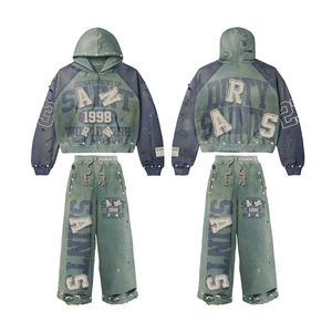 Conjunto de Sudadera con Capucha y Pantalones Deportivos de 2 Piezas con Logotipo Bordado Personalizado y Pedrería, para Hombre, Estampado, de Algodón Grueso, Estilo Vintage - Product Image 1