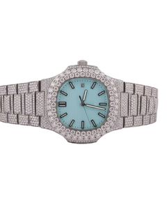 Luxury <b>diamond</b> wristwatch with turquoise blue dial textured lines silver markers date window ornate bracelet lavish sparkling - Product Image 1
