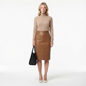 Jupe crayon en cuir véritable respirante à taille haute pour femmes, longueur genoux - Product Image 1