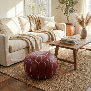 Burgundy Moroccan Leather Adjustable Handmade Pouf Ottoman with Modern Embroidery <b>Round</b> Floor <b>Cushion</b> for Hotel Use - Product Image 1