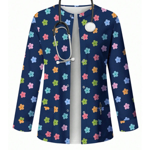 Blouses médicales à manches longues pour femmes, imprimé floral, uniformes médicaux, vêtements de travail d'hôpital, tissu tissé en coton et polyester - Product Image 1