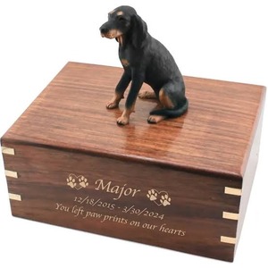 Custom Wooden Pet Cremation Urn With <b>Dog</b> Figurine Brown Finish Personalized Engraved Rectangular Shape Urn For <b>Dog</b> <b>Ashes</b> - Product Image 3