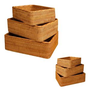 Durable Rectangular Wicker RATTAN <b>BASKET</b> / <b>TRAY</b> 3-Piece Multi-Use Storage for Bread, Snacks and Kitchen Essentials - Product Image 1