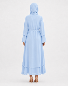 2026 Ladies Long Floor Length Full Sleeve Double Layer <b>Belted</b> <b>Abaya</b> Plain Polyester Chiffon Caftan Women Wear - Product Image 2
