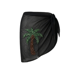 Women's Custom Made Black Color Sarongs with Beaded Palm Tree Embroidery Asymmetric Swimwear <b>Cover</b>-<b>ups</b> <b>Beach</b> Style Sarongs - Product Image 3