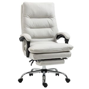 Cream White Microfiber <b>Reclining</b> Office Chair with Heated Massage and Vibration Footrest Armrest Chair - Product Image 1