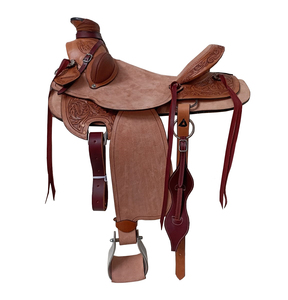 Selle de cheval western en cuir brun brut DD, sculptée à motifs floraux, siège rigide, quincaillerie en plastique et acier inoxydable, 10-18 - Product Image 1